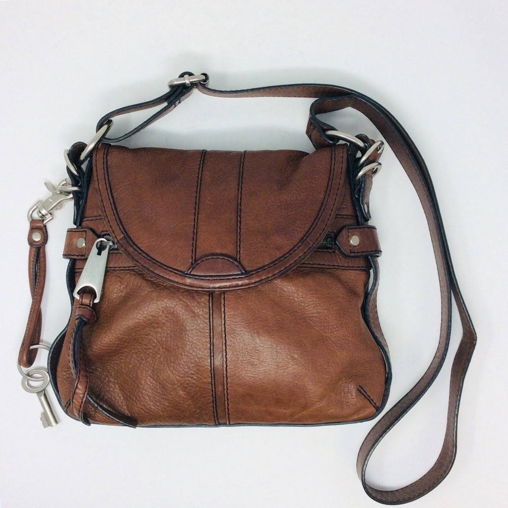 Fossil Fifty Four Crossbody Purse Bag Leather Brown Distressed Flap Boho